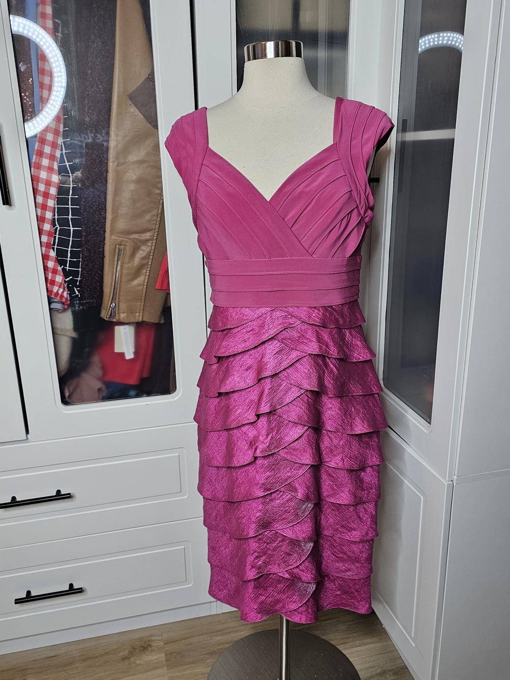 Adrianna Papell Fuchsia Tiered Ruffle Midi Dress